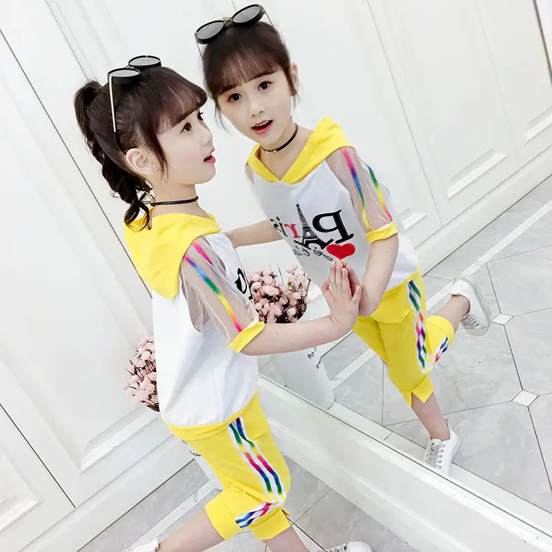 

4-14T Girls Summer Clothes Set 2023 New Fashion Color Striped Hooded Two Pieces Clothing 110-160 High Quality