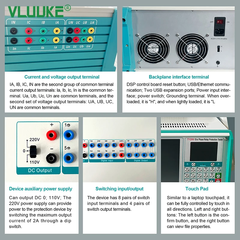 VLUUKE T1200 Шестифазный тестер защиты реле DSP + FFPGA Высокоточный 6-фазный выход 180 А 125 В30 А на фаза Самокалибрующийся (art.: 3920d17de55dd) - 3920d17de55dd