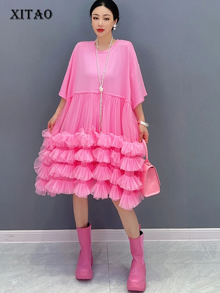 

XITAO Solid Color Patchwork Mesh Temperament Loose Dress Casual Fashion Ball Gown 2023 Summer Women Pullover Dress DMJ1785