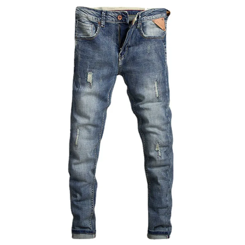 Fashion Vintage Men Jeans Retro Blue Elastic Stretch Slim Fit Ripped Jeans Men Patched Designer Casual Denim Pencil Pants Hombre