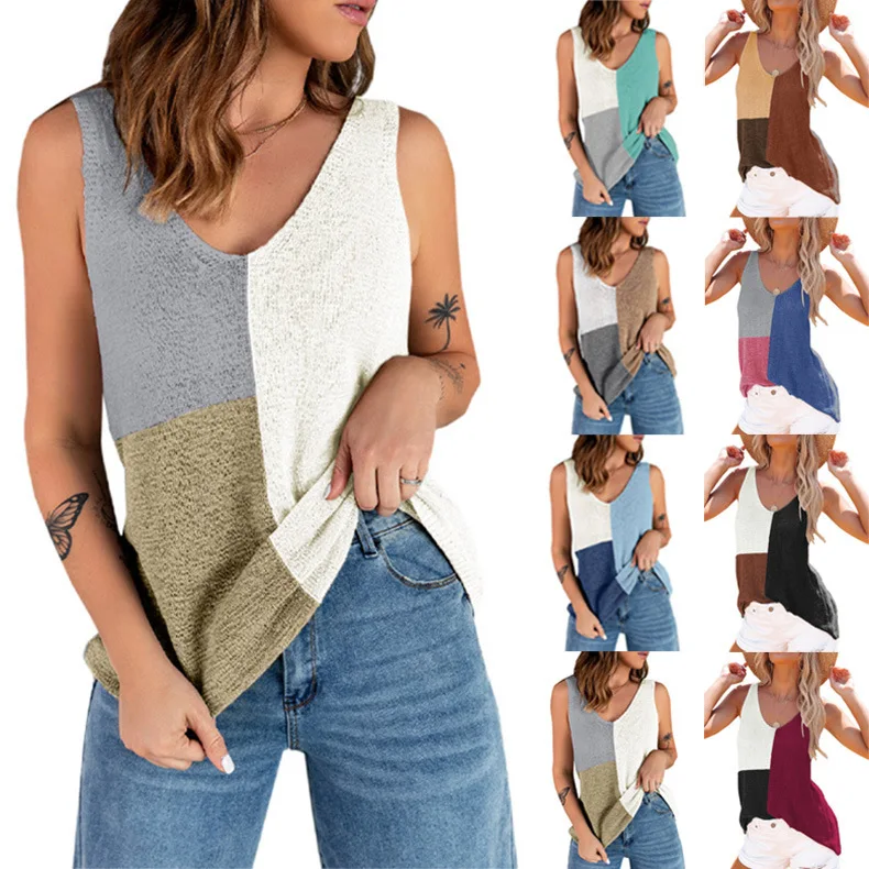 

Women V Neck Sleeveless Patchwork Loose Vests Summer Fashion Lady Knitted Tank Tops tops for women