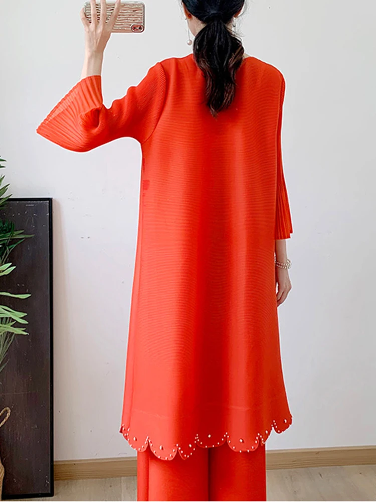 LANMREM однотонный плиссированный комплект из 2 предметов для женщин топы с круглым