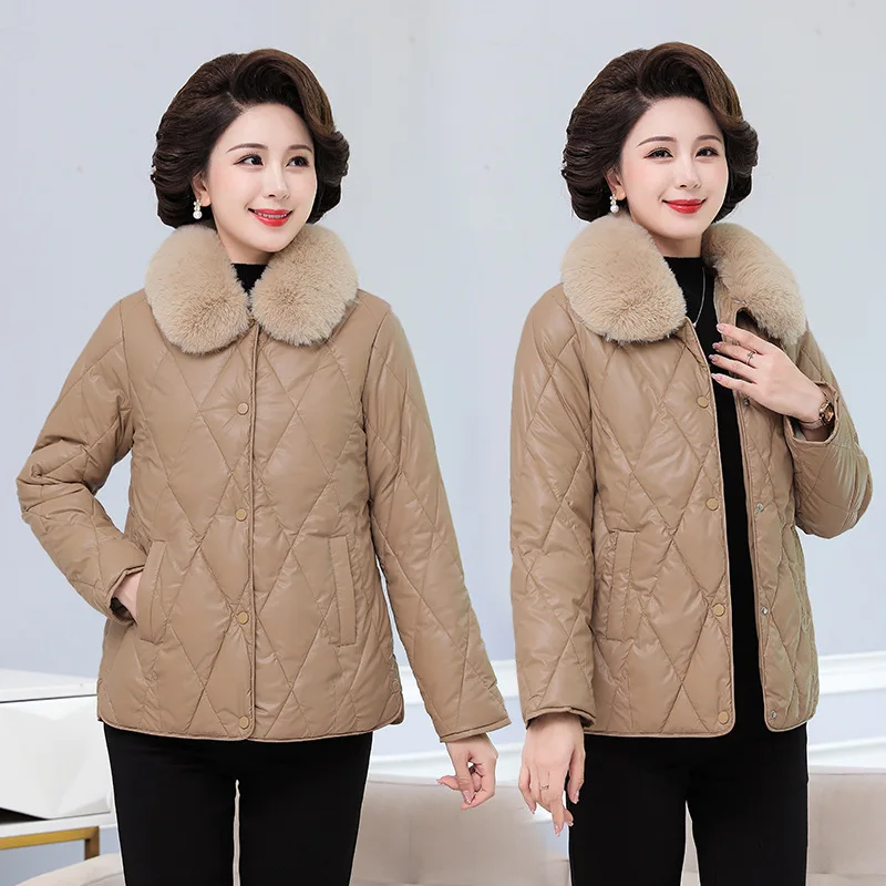 

Женская короткая стильная куртка с большим меховым воротником, кожаная хлопковая куртка, женская одежда для женщин среднего и пожилого возраста, утепленная хлопковая куртка
