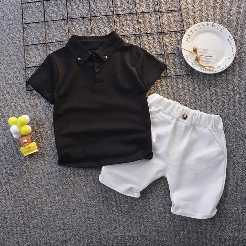 

Kids Baby Boys Clothes Summer Set Solid Black Top + White Shorts 2PCS Children Holiday Costume Boys Short Outfit