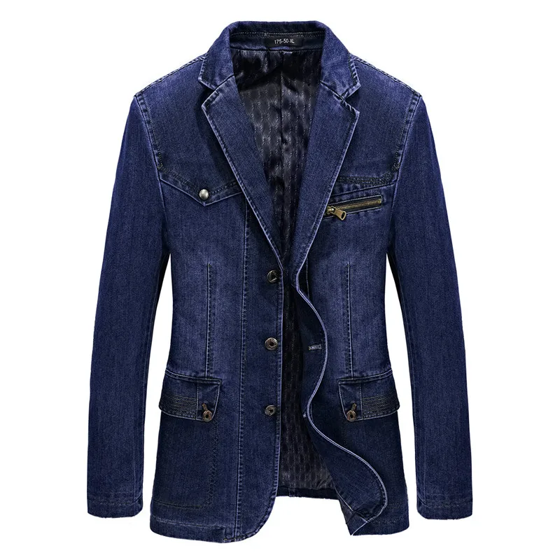 Multi Pocket Denim Jacket Men Spring Blazer Suits Jacket Mens Business Leisure Suits Cowboy Westerner Male Jeans Coat Size L~4XL