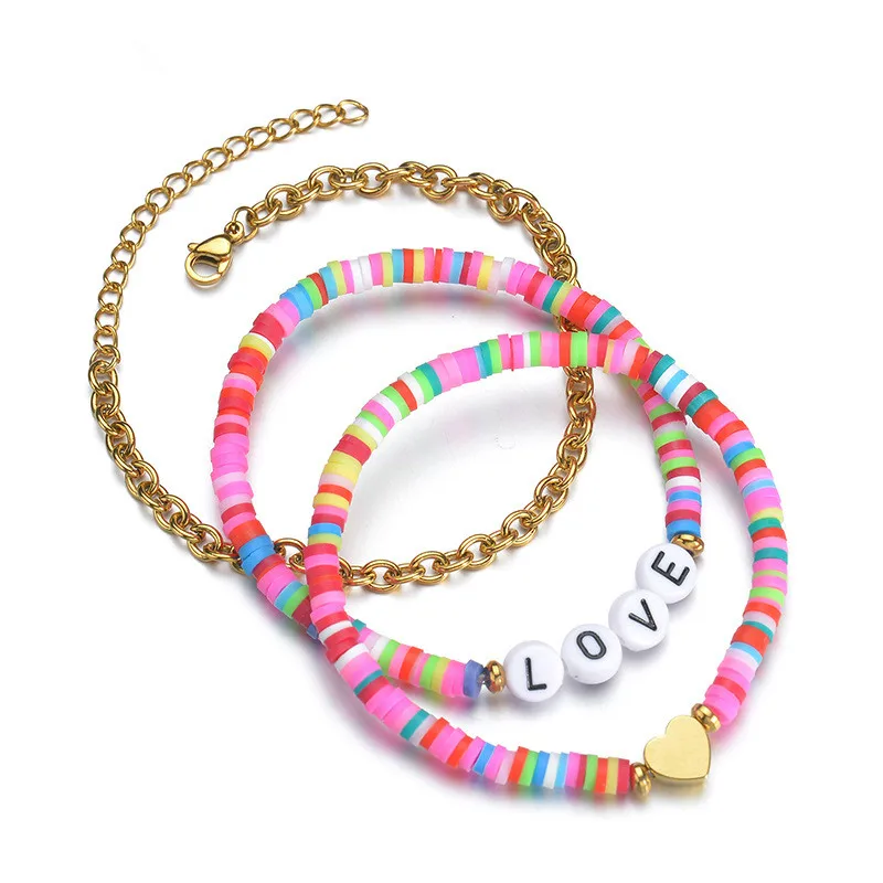 

3 Pcs Heart Letter Bracelet Set Summer Beach Jewelry Stainless Steel Gold Color Link Chain Colorful Polymer Clay Beads Bracelets