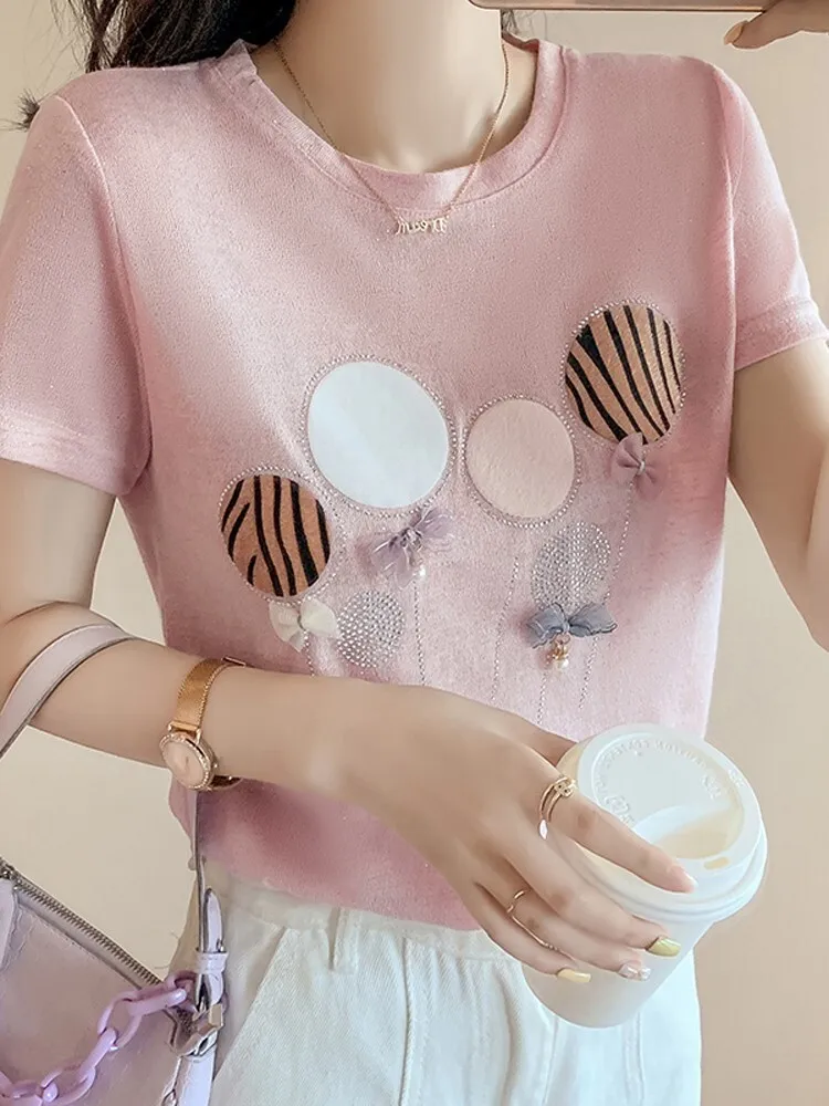 Женская хлопковая футболка 2024 блестящая со стразами и коротким рукавом женские