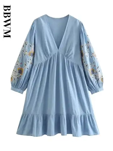 2023 Fashion Chic Women Embroidery Linen Mini Dress Ladies Vintage Long Sleeve V Neck Loose Casual Blue Short Dresses Vestidos