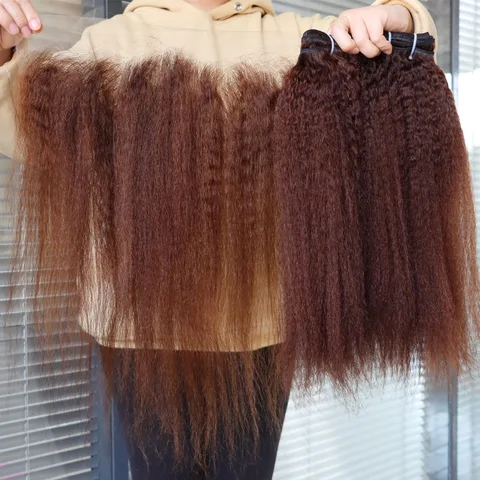 Светло-коричневый # 4-цветные пучки человеческих волос Virgin Remy с утком и кружевной фронтальной застежкой, странные прямые грубые яки, прозрачное кружево