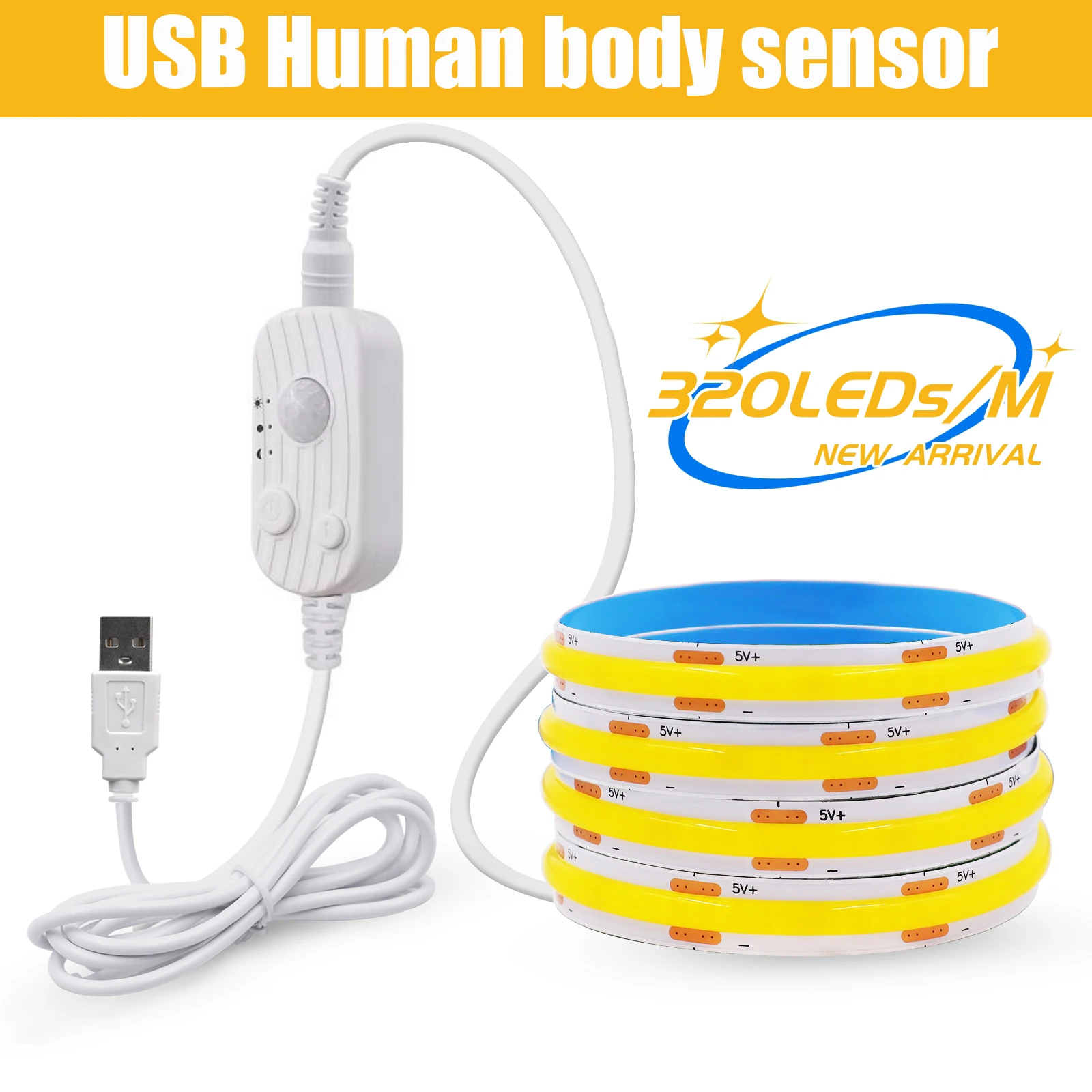 

Светодиодная лента с датчиком движения, 5 В, USB, гибкая подсветка COB, 4AAA, плотность аккумулятора, линейный свет, 8 мм, 320 светодиодов, ленточный трос для подсветки
