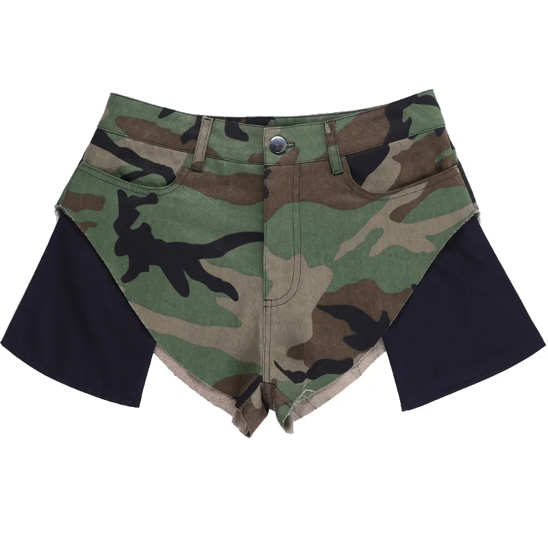Sexy Camouflage Shorts with Leg Cover Summer Women Irregular Patchwork Button Pocket Shorts Fashion Streetwear Casual Camo Pants
