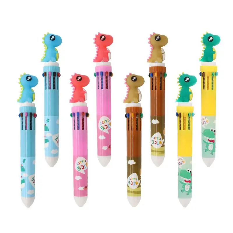 cartoon dinosaur 10 in 1 multi-colored ballpoint pen push type pen stationery canetas material school supplies Dropship
