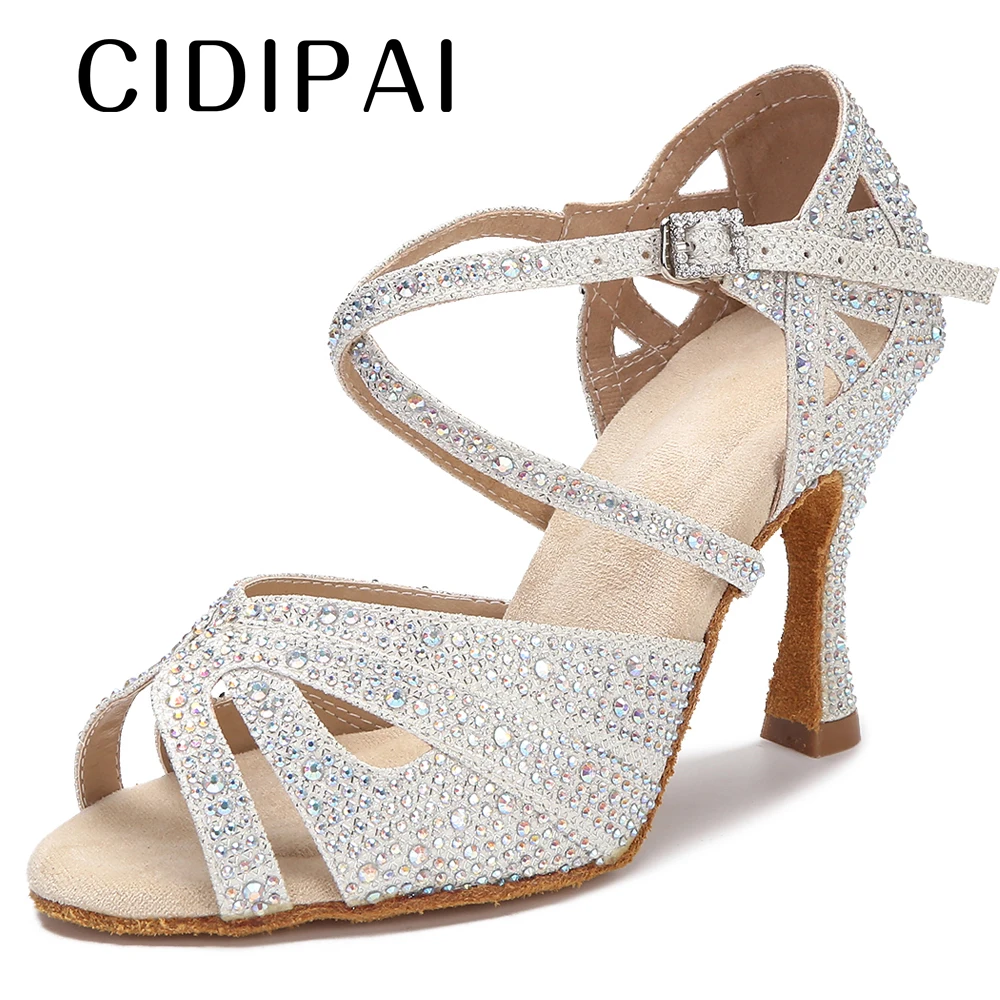 

CIDIPAI Rhinestones Latin Dance Shoes Woman Ballroom Dancing Shoes Tango Cuban Heels Party Shoes For Ladies Wedding Sandals