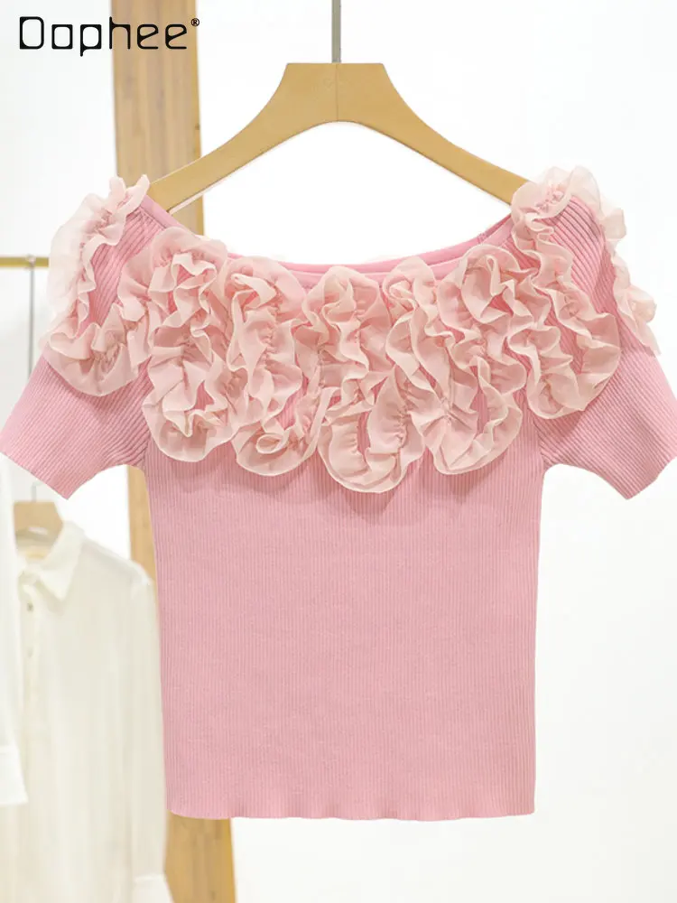 

Simple Cute Purple Off-Neck T-shirts Woman 2023 Summer New Sweet Solid Color Slim Fit Short Sleeve Knitting Top Women's Clothing