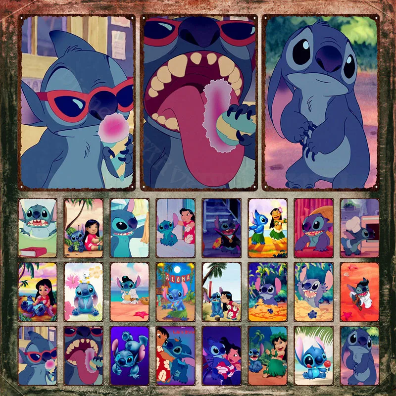 

Металлические знаки Диснея, Ститч едящий мороженое, металлический плакат, мультяшный милая фотография и Ститч, жестяная фотография, домашн...