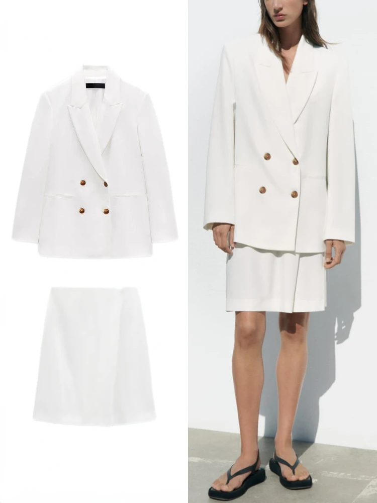 

ZBZA Women's Summer New Lapel Collar Long Sleeves Double Breasted Blazer Pareo Style Welt Pockets High-waisted Long Pareo Shorts