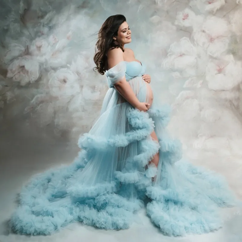 Maternity Photography Dress Women Ruffle Long Sleeve Tulle Long Dress Maternity Pregnant Women Dress Baby Shower Robe