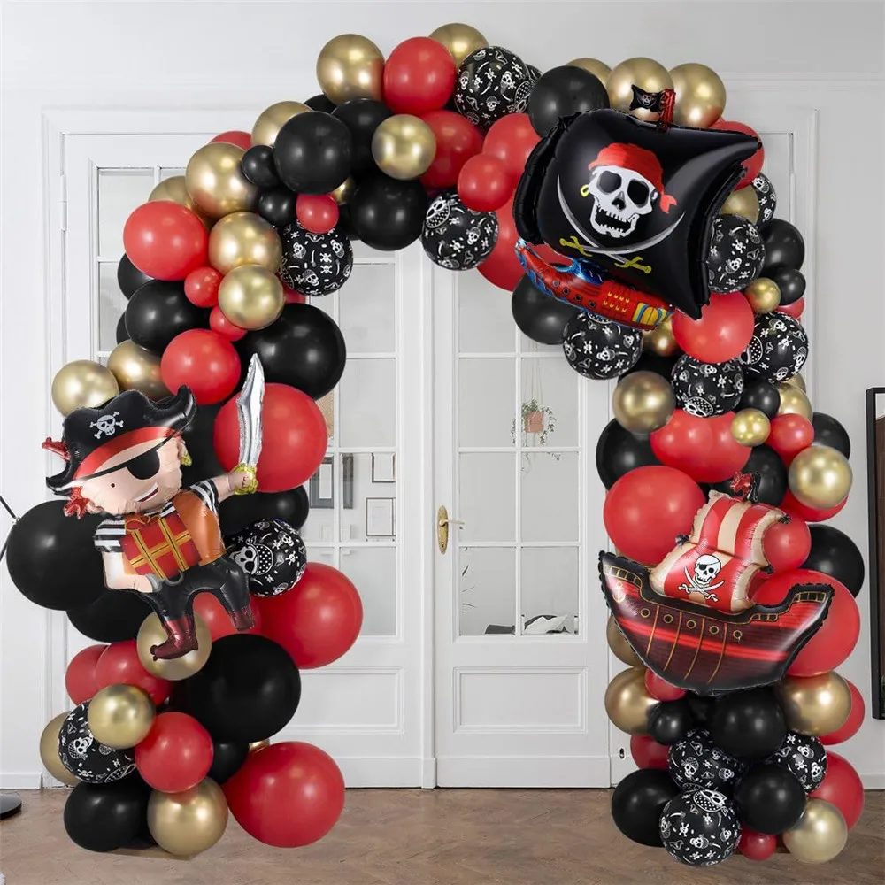 

132pcs Pirate Theme Balloon Garland Red Black Pirate Ship Skeleton Latex Balloons for Halloween Party Boy's Birthday Decorations