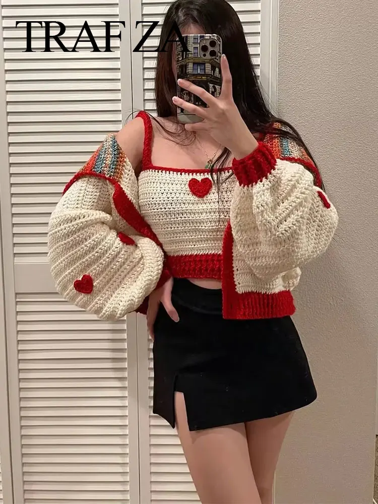 

TRAF ZA Women Knitted 2 Piece Set Sling Red Peach Heart Skin-friendly Sexy Short Top + Sweet Doll Collar Cardigan Sweater Jacket