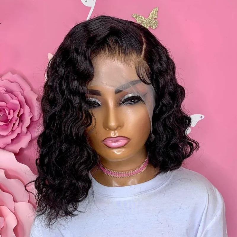 

14 inch Short Bob Deep Wave Synthetic Lace Front Wig For Women Babyhair Preplucked Curly Heat Resistant Daily Wig