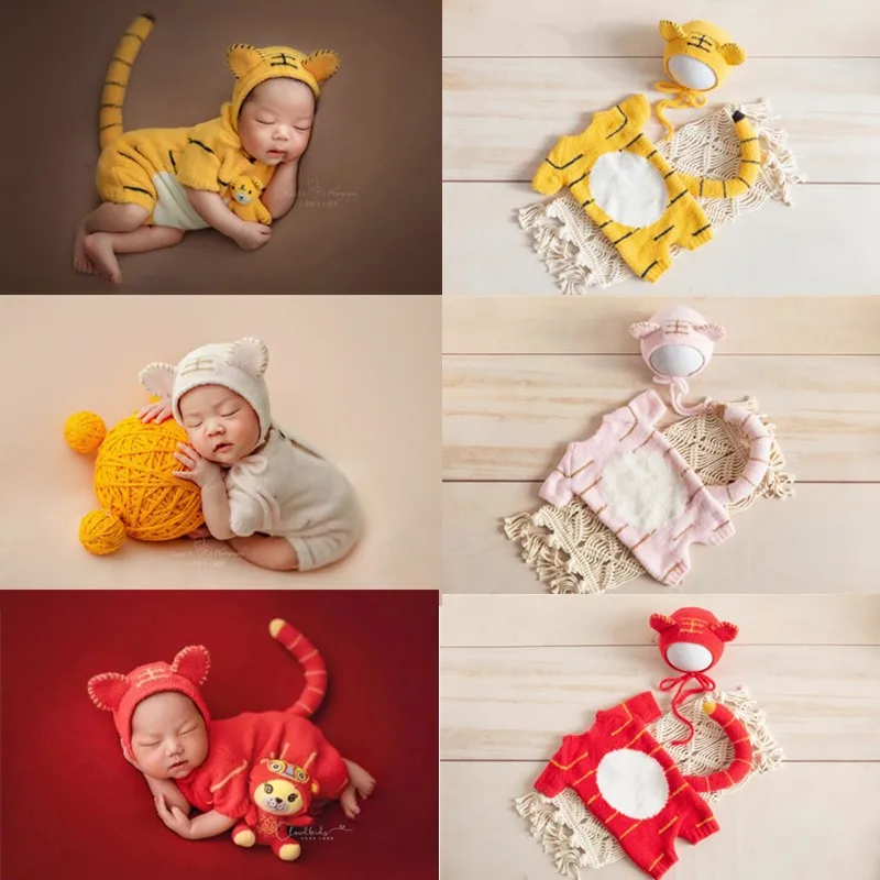 ❤️Newborn Photography Clothing Tiger Hat+Jumpsuit+Tail 3Pcs/set Baby Photo Props Accessories Studio Shoot Knit Clothes Outfits