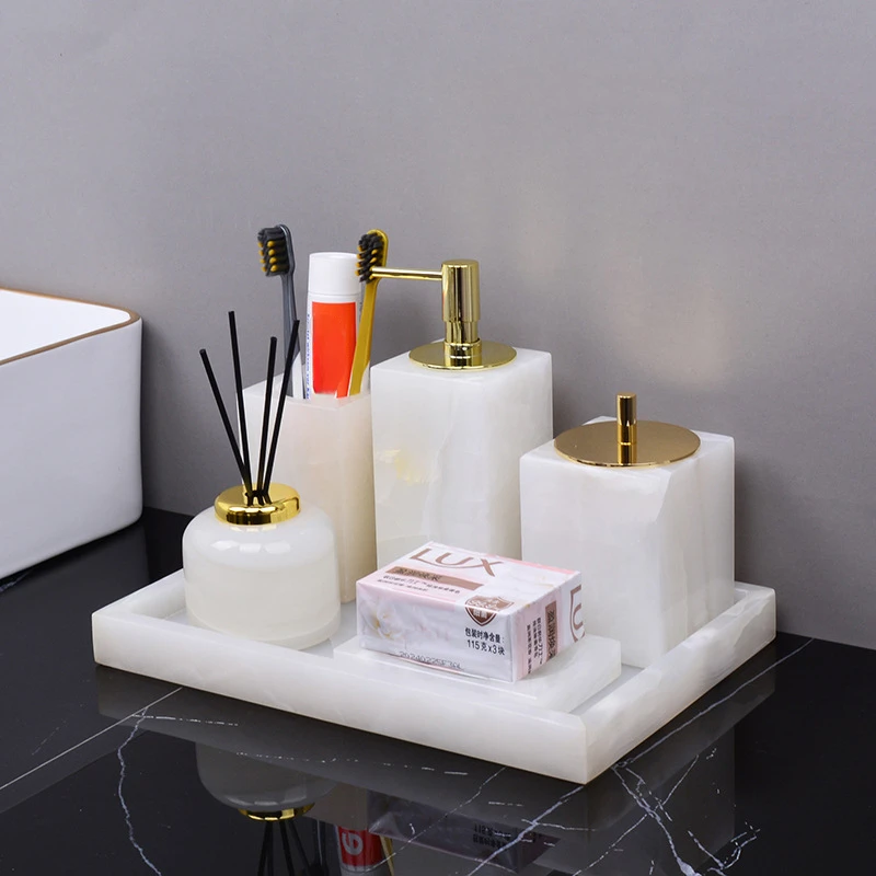 

Bathroom Accessories Sets Minimalist White Onyx Natural Marble Toothbrush Holder Soap Dispenser Pump Bottle Soap Dish Cup