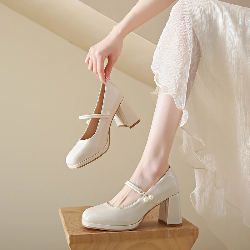 Square Toe Sandals Ladies Sweet Basketball Platform Latest Chunky Mary Jane Beige