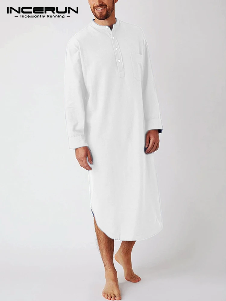 INCERUN Men Fashion Comfy Nightclothes Casual Sleep Robes Long Sleeve Round Neck Sleep Shirts Male Casual Solid Nightgown Robes