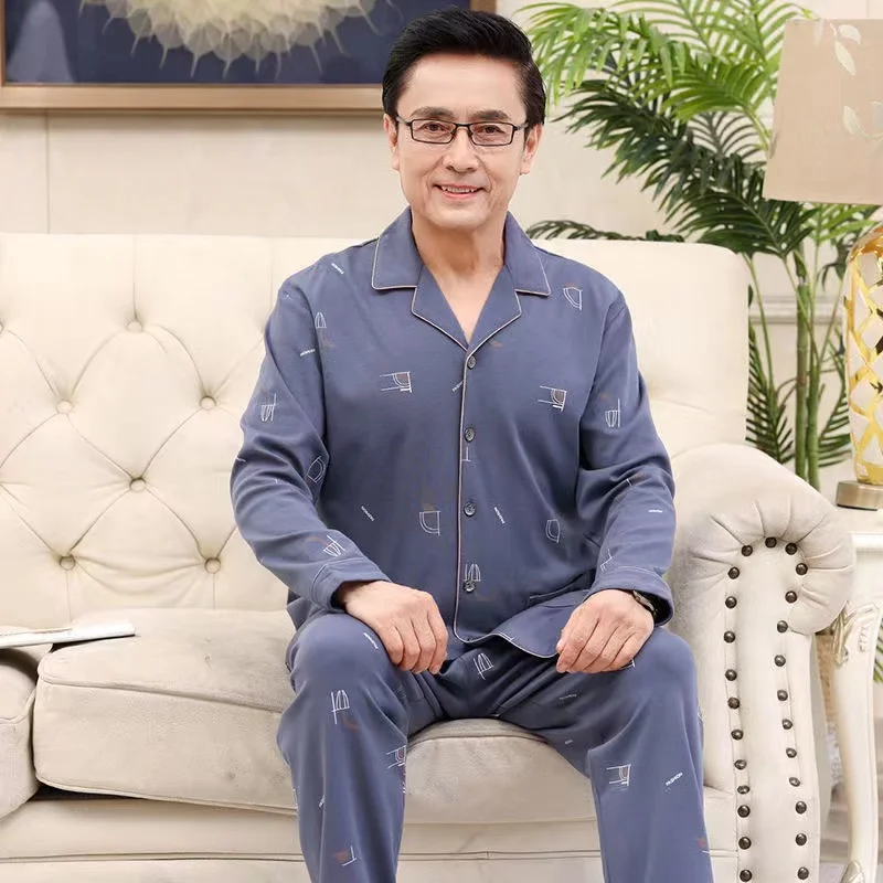 Cotton Pajamas For Men New Style L-4XL Plus Size Spring/Autumn Turn-Down Collar Loose Sleepwear Pyjamas Suits Nightwear Male