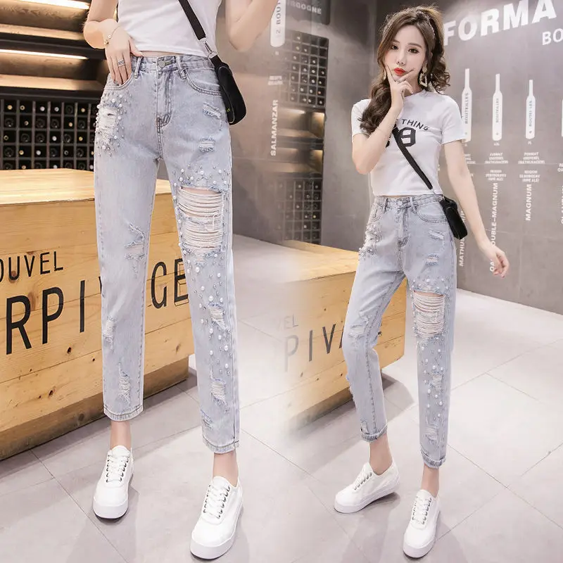 

Women's Jeans Trend Fashion High Waist Buttoned Ripped Casual Skinny Plain Pocket Pants Ladies Design Daily Long Jeans Pant G45