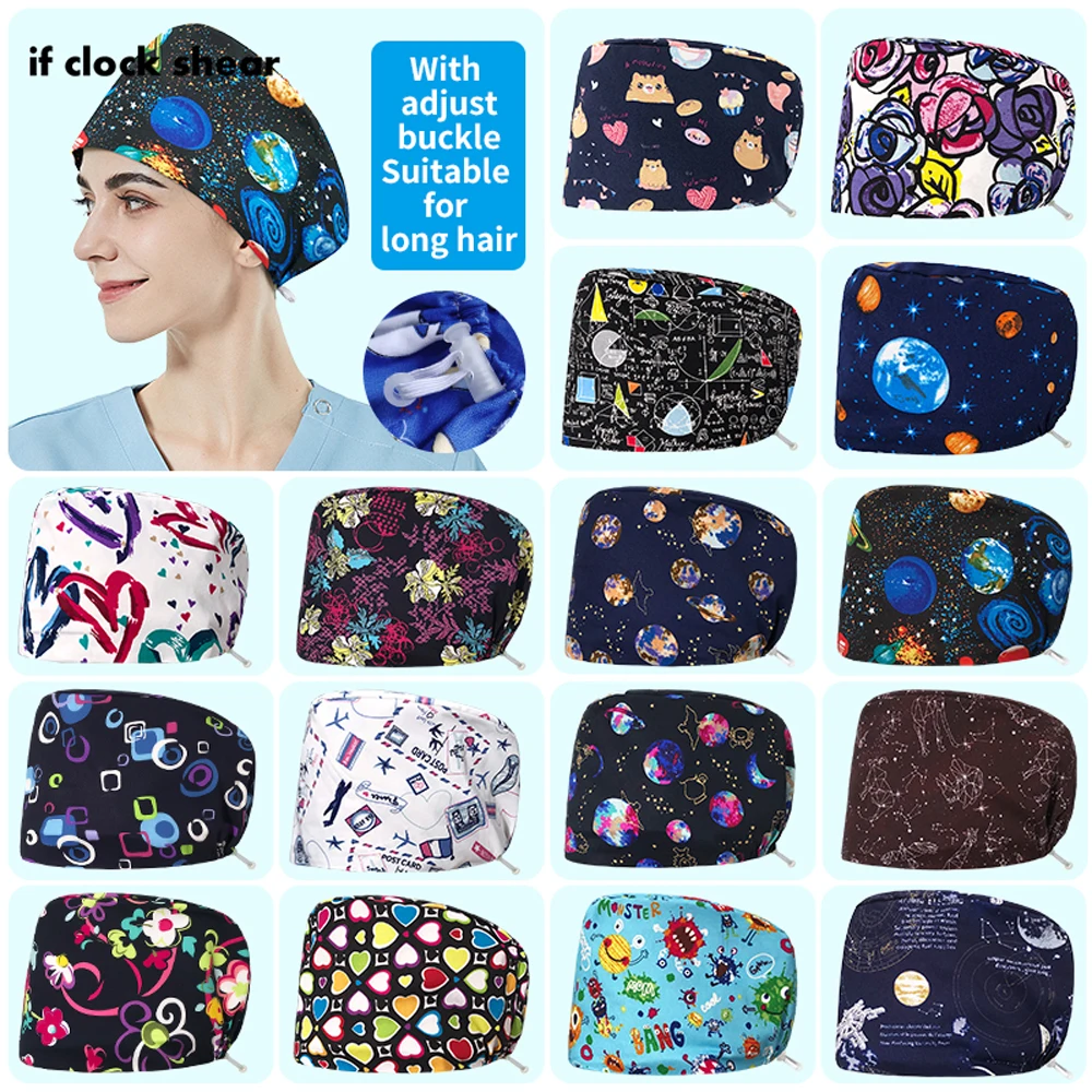 

Nursing Cap Beautician Work Hat Dental Hospital Scrub Cap Nursing Hat Cartoon Print Hat with Sweatband Anesthetist Surgical Cap