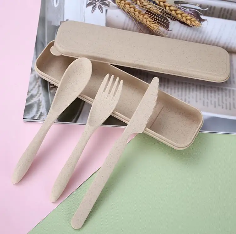 

Wheat Straw Knife Fork Spoon Set Student Portable Tableware Box Cake Dessert Spoons Fruit Forks Travel 3Pcs/Set Tableware SN