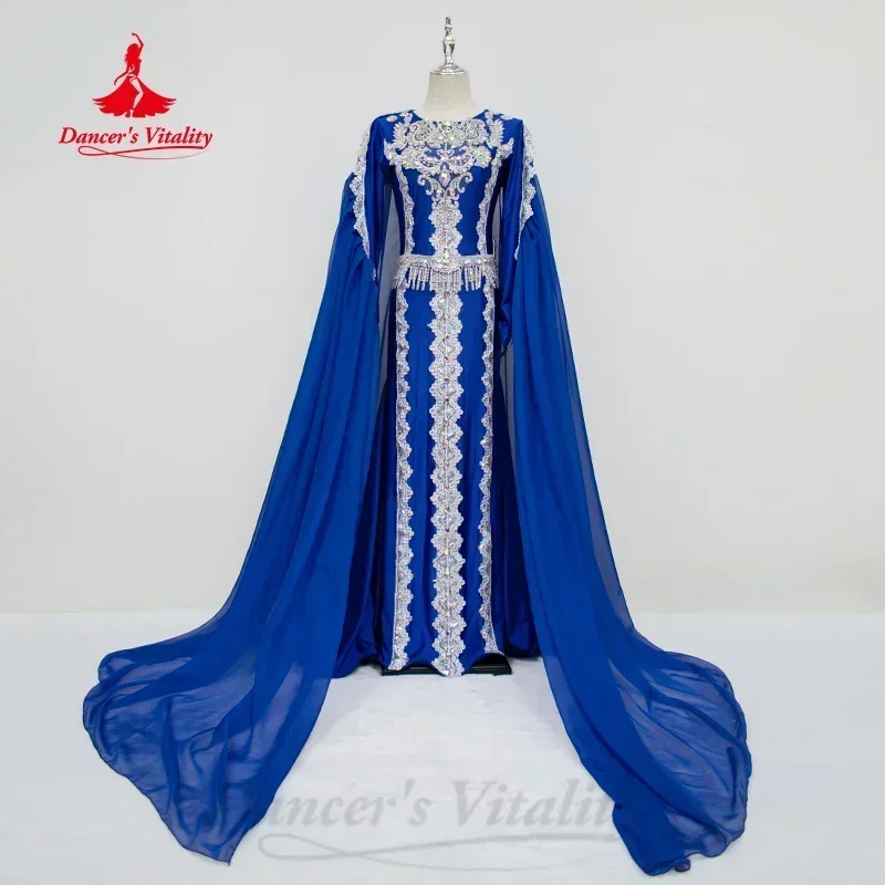 Фото Костюм для выступлений BellyDance, женское индивидуальное платье с вышивкой для пожилых людей + пояс с кисточками, 2 предмета, одежда для соревнований по восточному танцам №2