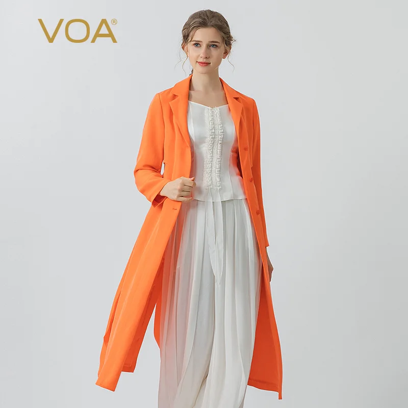 VOA Orange 30 Momme Heavyweight Mulberry Silk  Turn-down Collar Long Sleeves Straight Single Breasted Silk Trench Coat New FE278