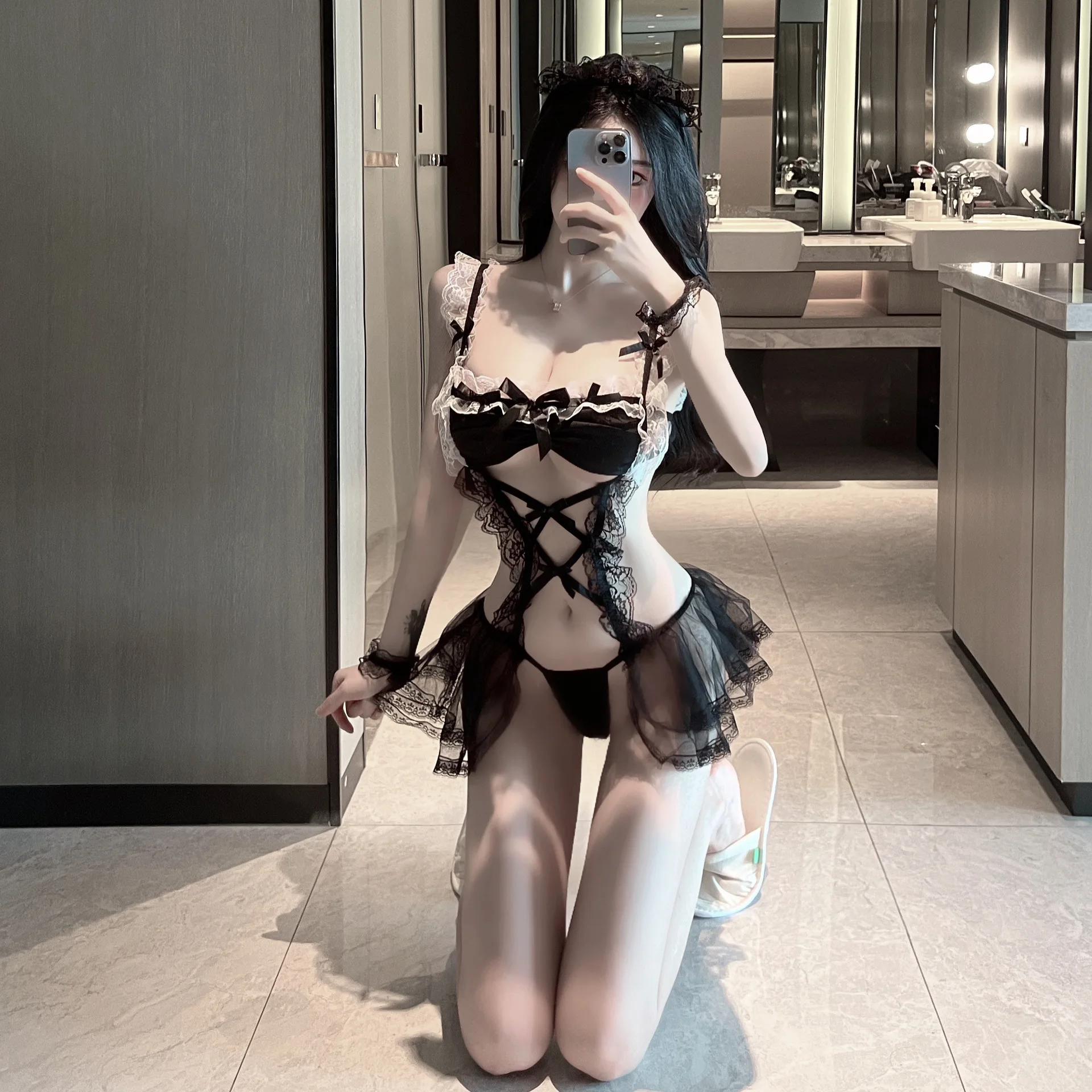 Соблазнительное кружевное нижнее белье для косплея Бандажное платье горничной с