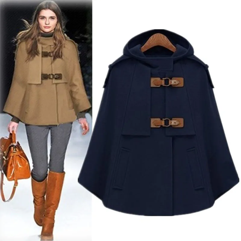 

Autumn and Winter 2023 New Fashion Stand Collar Hooded Shawl Cape Cowhide Buckle Coat Woolen Coat for Women