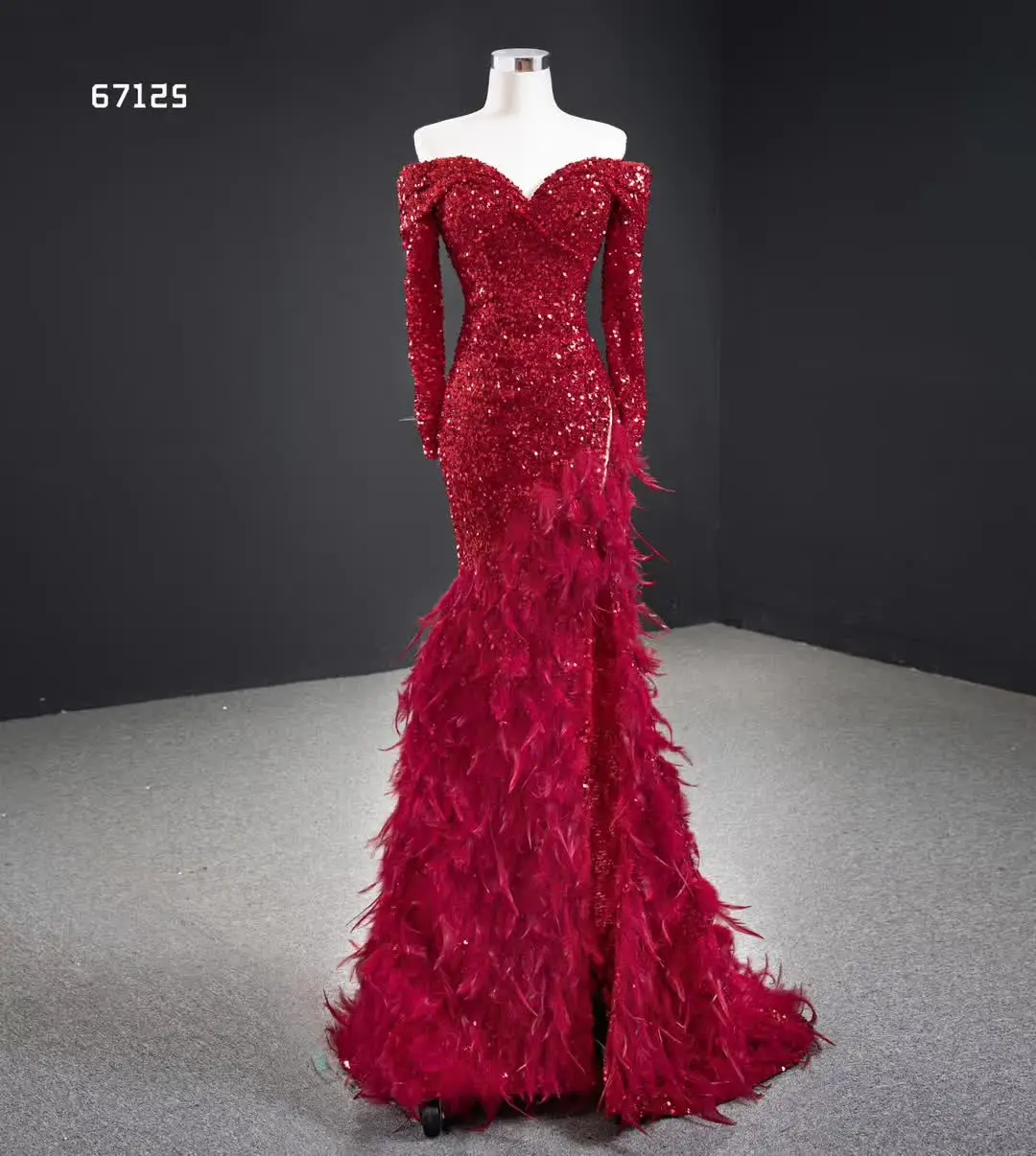 

Aoliweiya Bridal #67125 Feather Red Sequin Evening Dress