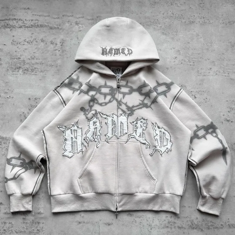 

Zip Hoodie Chain Letter Print Goth Punk Sweatshirt Women Hoodie Sport Coat Pullover Long Sleeve Oversized Hoodie Y2k Goth Jacket