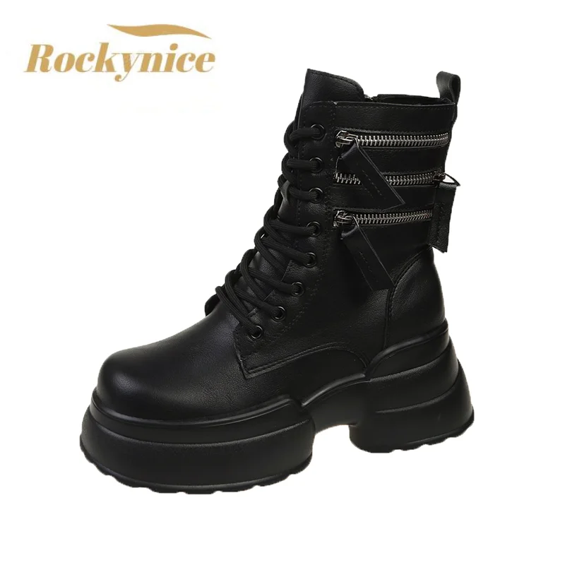Women Leather Ankle Boots Autumn Winter Lace Up Platform Motorcycle Boots Square Heels Sneakers Zipper Round Toe Streets Shoes