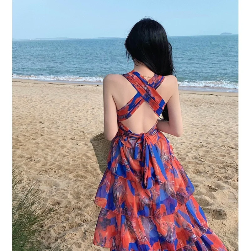 

Backless Print Dress Women Summer Deep V-neck High Waist Beach Holiday Dresses Woman Party Night Lace Up Bandage Elegant Vintage