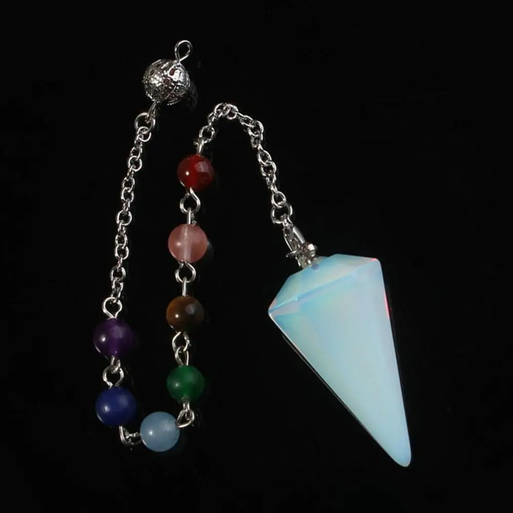 

Natural Stones Pendulum for Dowsing Divination 7 Chakra Chain Hexagonal Column Silver-color Cone Pendant Reiki Pendule Beaded