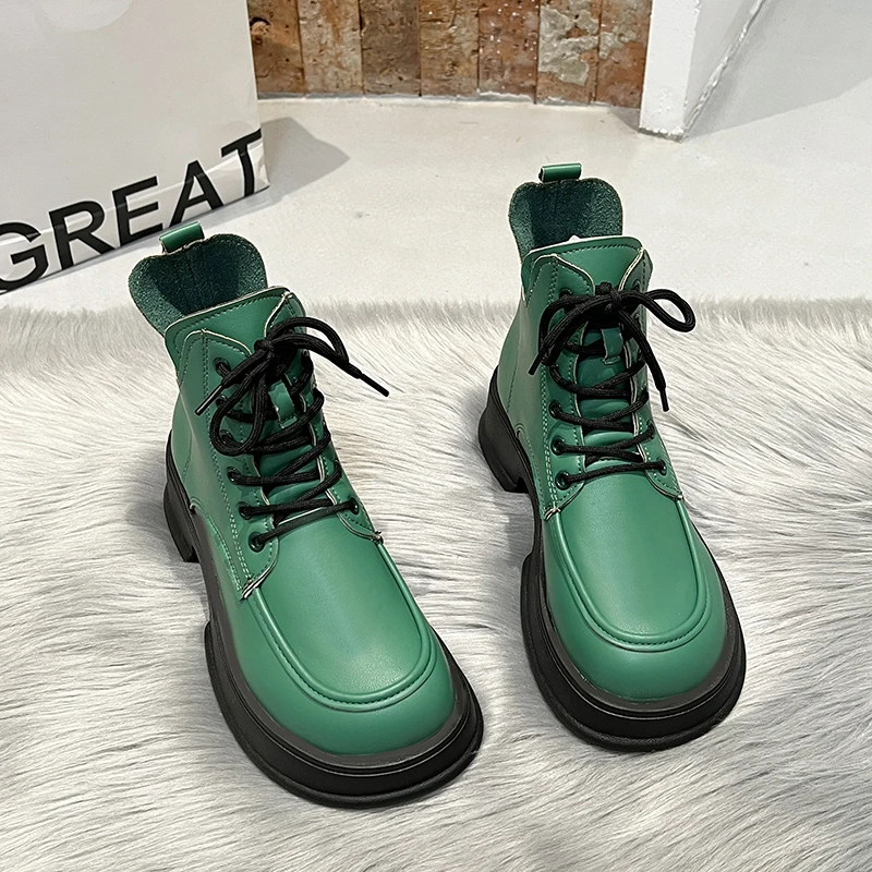 

Color Black Green Brown Platform Ankle Boots Women Autumn Thick Bottom Motorcycle Boots Woman Thicken Warm Lace Up Shoes Ladies