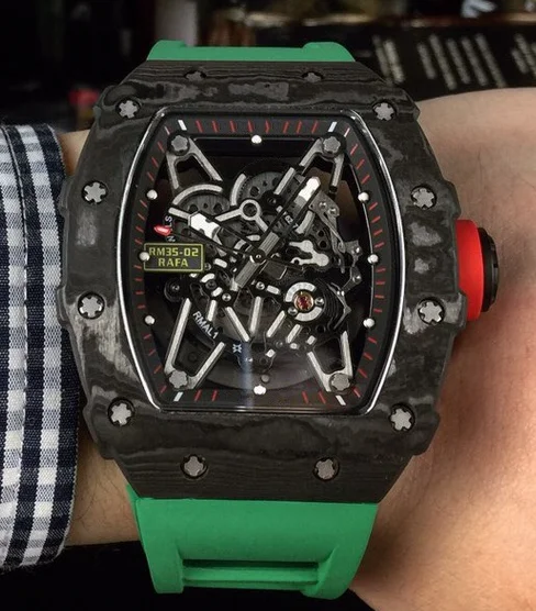 

automatic mechanical mens watch black Carbon Fibre Green Orange rubber
