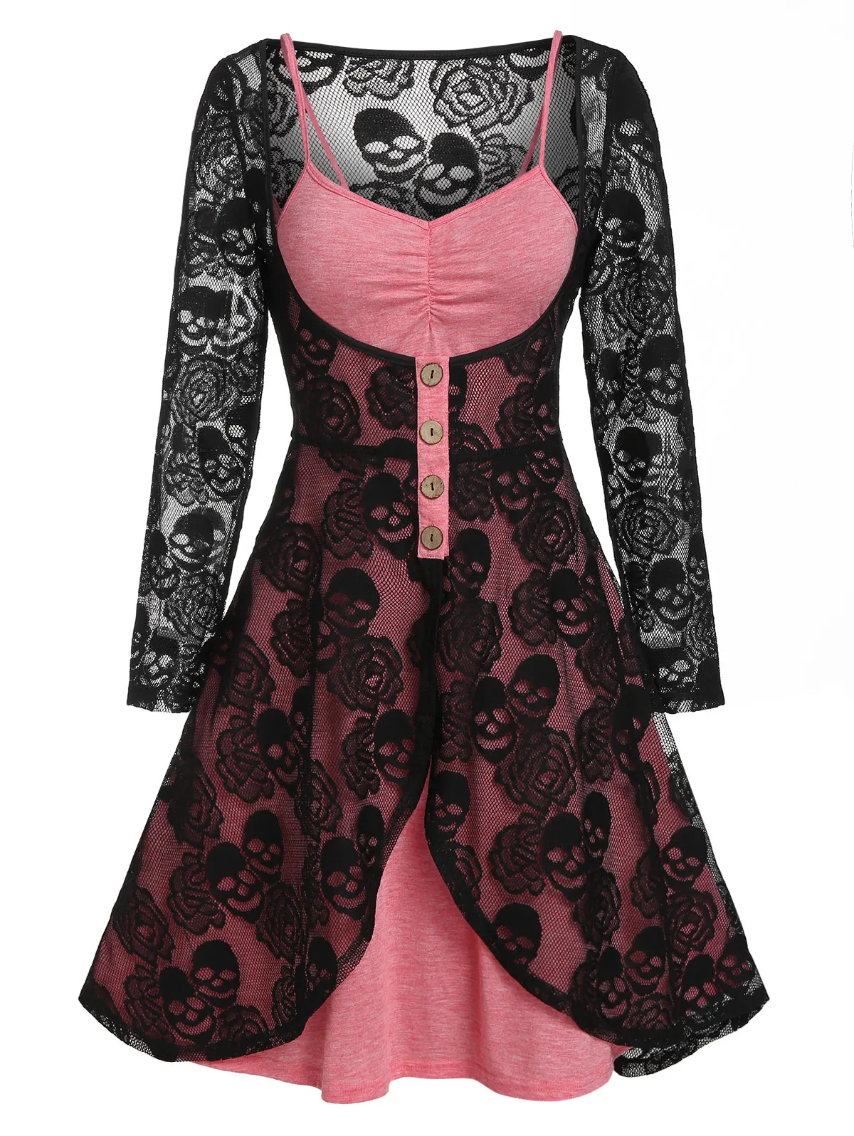 

Spring Fall Fashion Dress Set For Women Floral Lace Top And Cami Flare Dress Knee-Length A-Line Long Sleeves Female ClothingSuit
