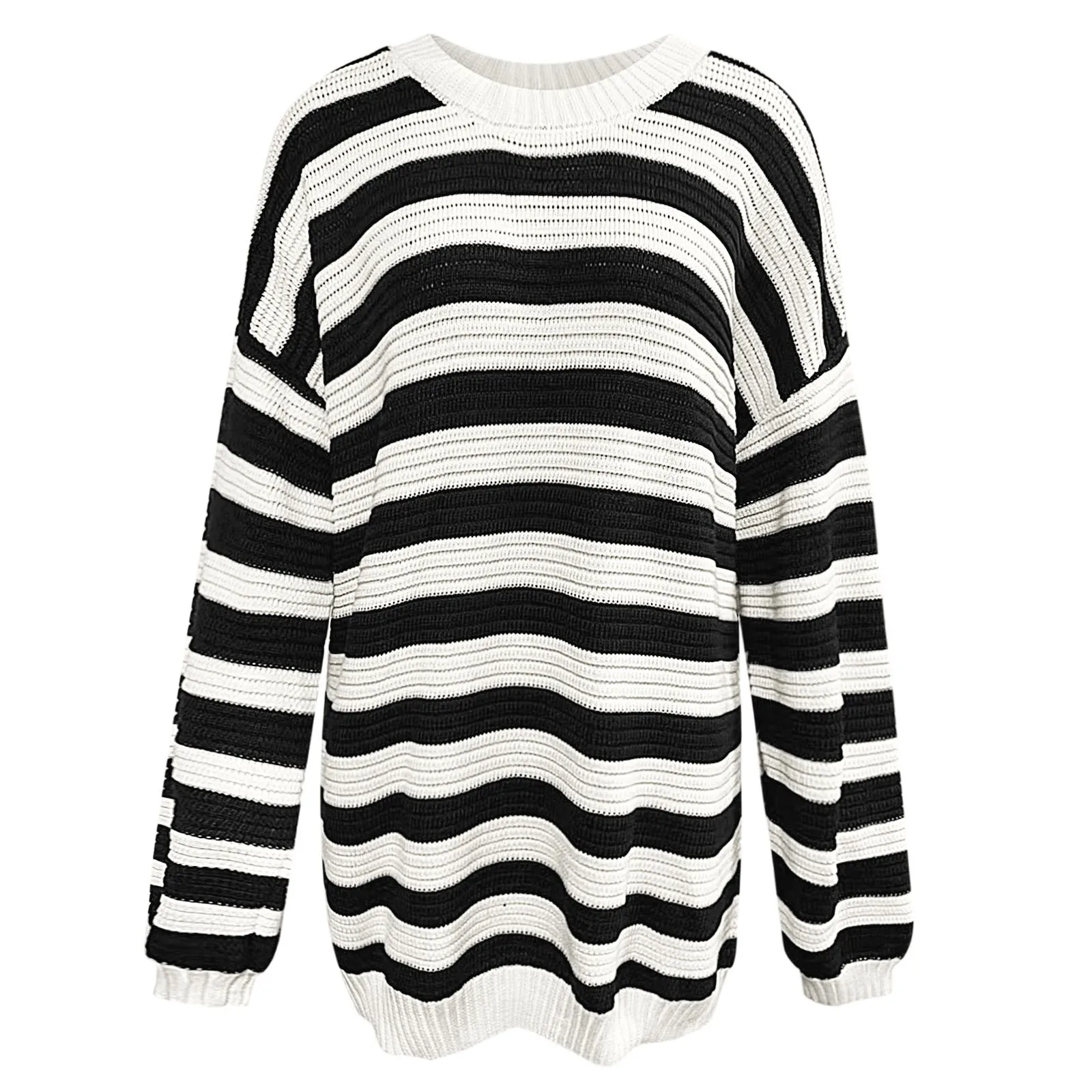 Оверсайз полосатый вязаный свитер женский осенне-зимний круглый вырез длинный