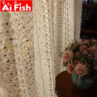 american country cotton hemp balcony bay window finished curtain retro beige crochet lace hollow tulle living room drapes 5