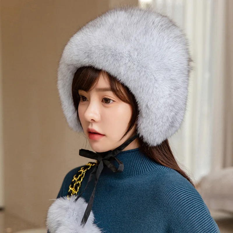 Real Fox Fur Hat Winter Sweet Lei Feng Hat Warm  Ear Protection Cap Outdoor Skiing Hats Thick Warm Ears Bomber Female Round Cap