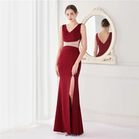 2022 new women elegant v neck hot fix rhinestone formal evening dress sexy high slit knitting party maxi dress vestidos
