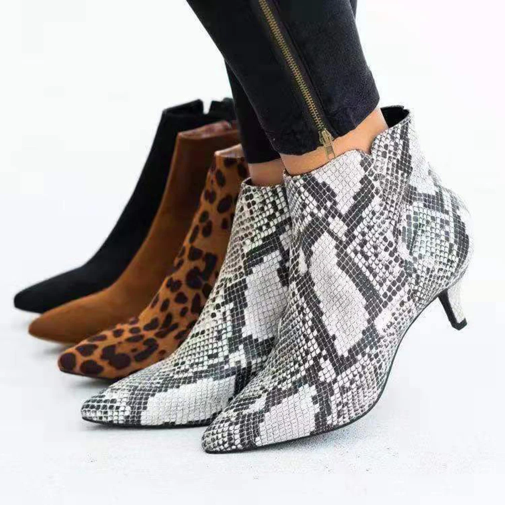 

NEW 2023 Women's Ankle Boots Leopard Women Pointed Toe Ladies Chunky High heel Female Shoes Woman Footwear Plus Size 36-43 Snake