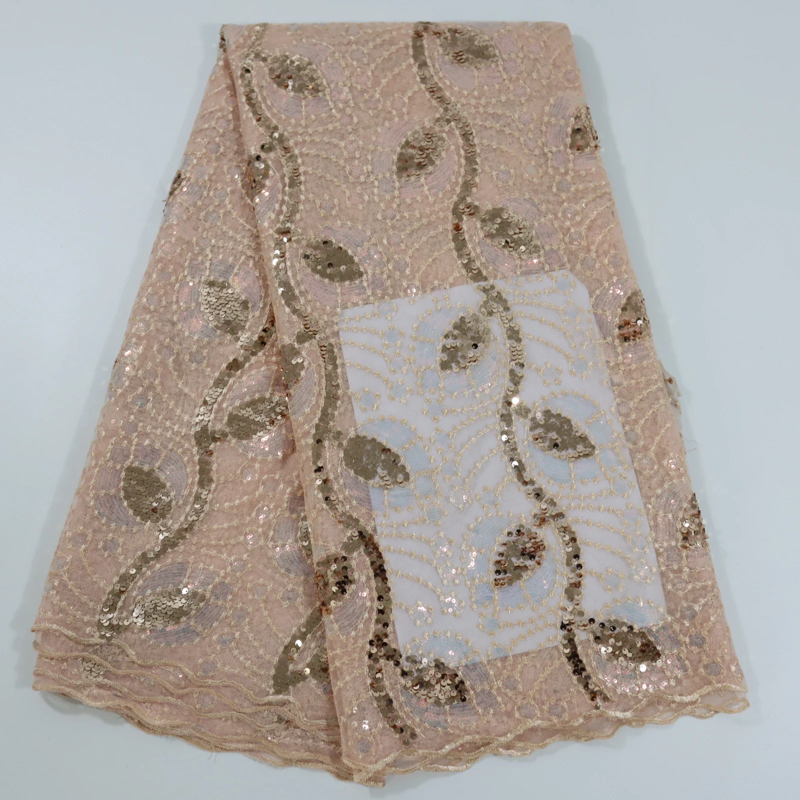 

Latest Champagne Color African 5Yards Lace Mesh Fabric 2022 High Quality Sequin Tulle Net Lace French For Wedding Prom Dress Sew